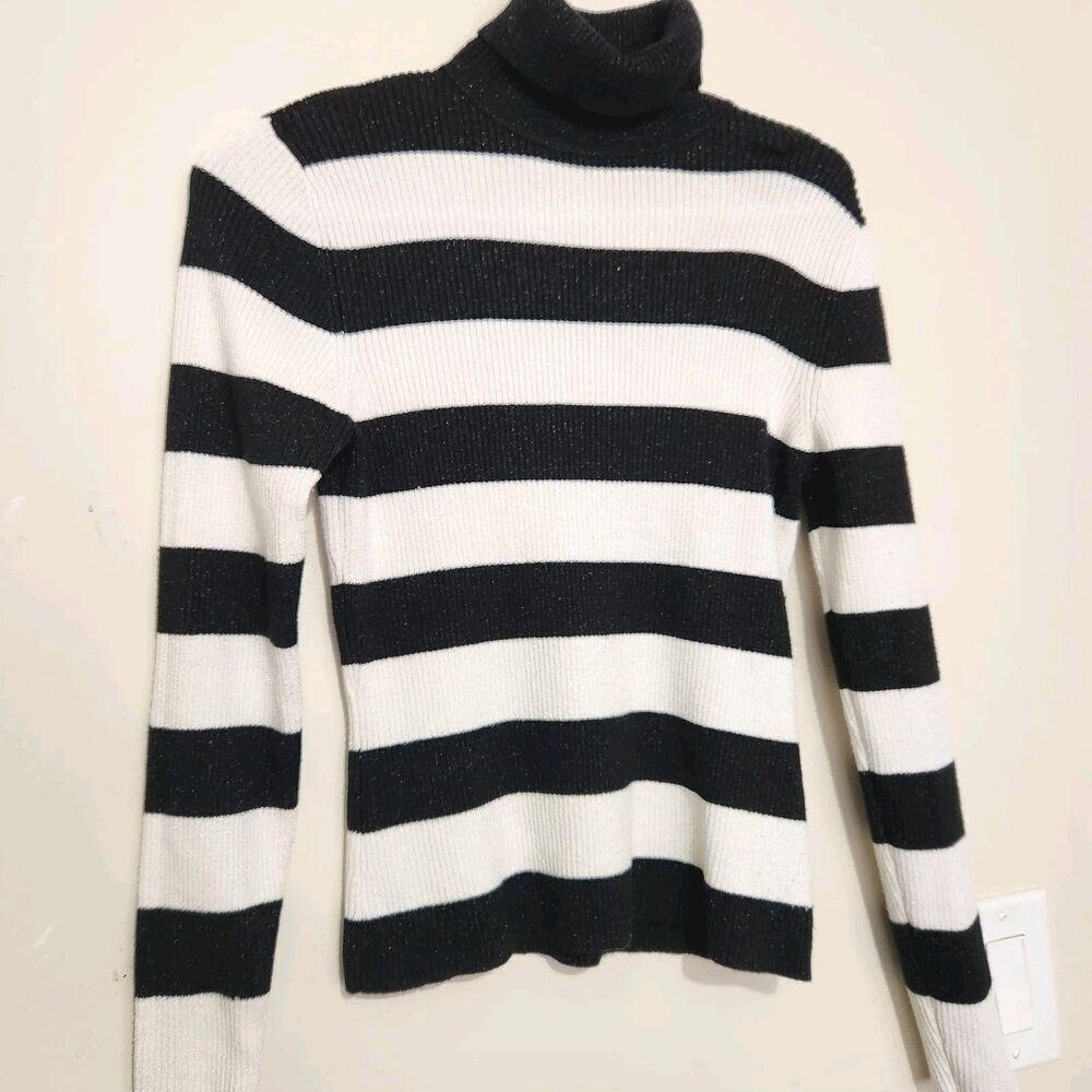 Worthington Blouse Top Size Medium Turtle Neck Stretch Striped Metallic